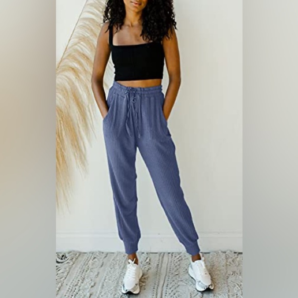 MIROL Women's Active Drawstring Joggers Elastic Waist Waffle Knit Blue Ribbed S